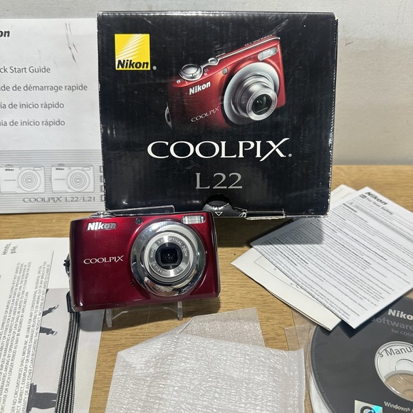 Nikon Coolpix L22 Red Digital Camera For Parts or Repair 12 MP 3.6x Optic W/ Box - Picture 1 of 8